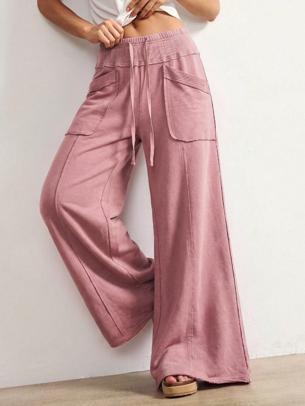 Pink Casual Women's Loose Low Waist Wide Leg Long Pants - Picture 5 of 8